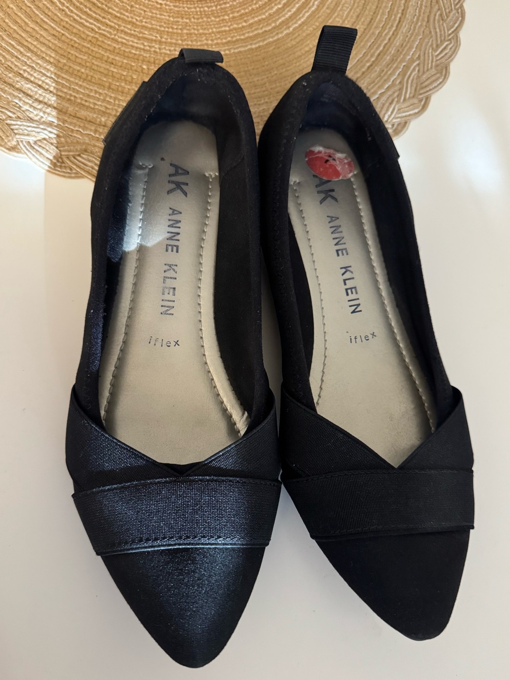 Anne Klein Black Pointed Toe Slip-On Flats with Crossband Detail